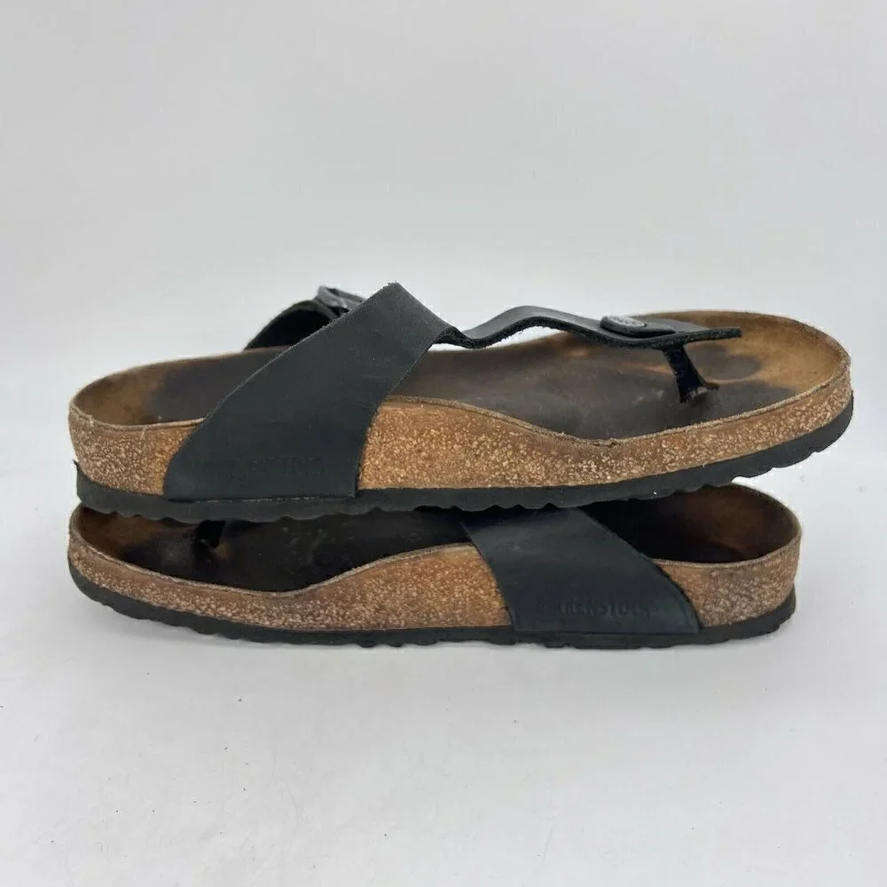 Birkenstock Gizeh Women Size 40 Black Birko-Flor T Strap Thong Leather Sandal